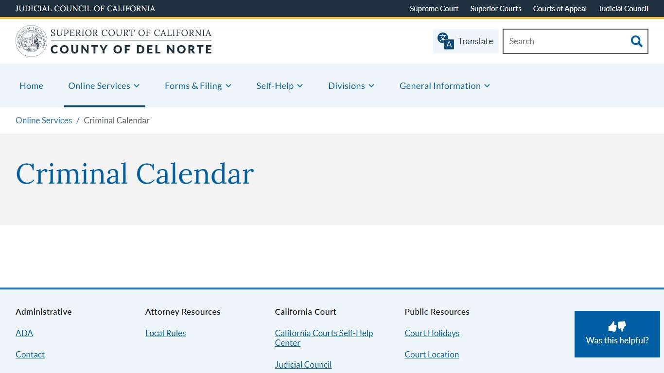 Criminal Calendar | Superior Court of California | County of Del Norte
